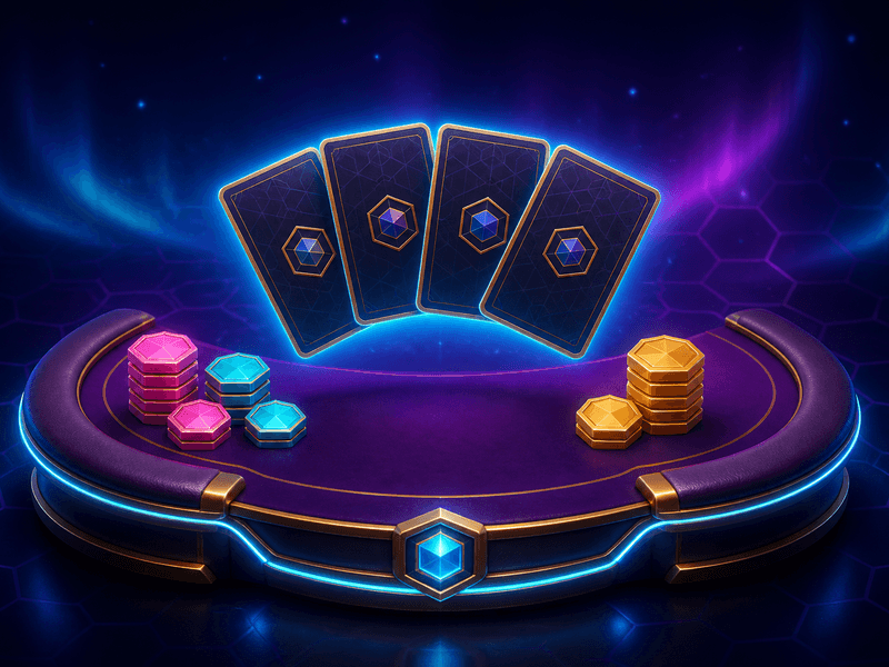 Violet card table with floating cards and hexagon tokens