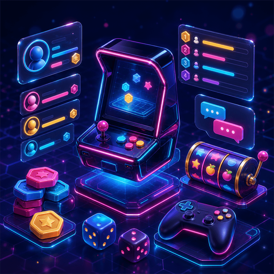 Neon arcade console surrounded by social gaming panels on OpportalistPlay
